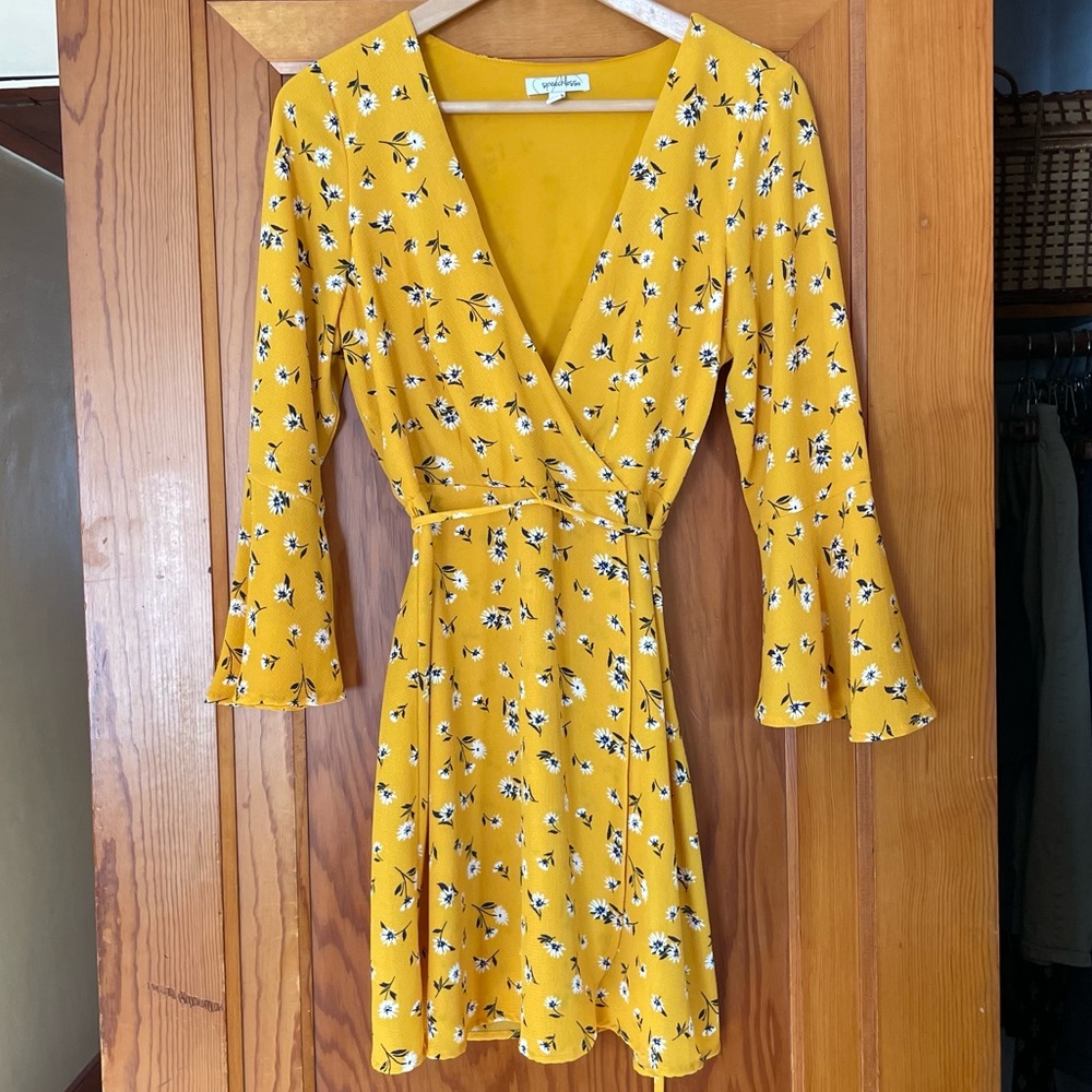 Yellow Daisy Print Faux Wrap Dress